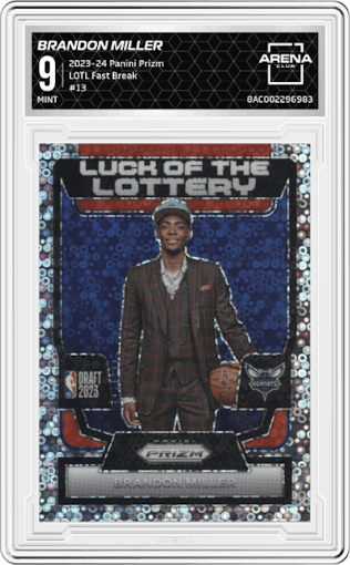 Brandon Miller from the 2023-24 Panini Prizm set featuring a Fast Break parallel graded by Arena Club and given an overall grade of 9.