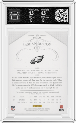 LeSean McCoy from the 2014 Panini National Treasures set featuring a Prime parallel graded by Arena Club and given an overall grade of 9.