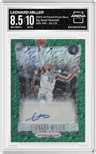 Leonard Miller from the 2023-24 Panini Prizm Deca set featuring a FOTL Green Shimmer parallel graded by Arena Club and given an overall grade of 8.5.