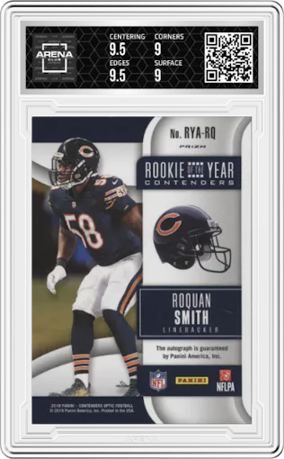 Roquan Smith from the 2018 Panini Contenders Optic set graded by Arena Club and given an overall grade of 9.5.