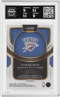 Vasilije Micic from the 2023-24 Panini Select  set featuring a Neon Orange Pulsar Prizms FOTL parallel graded by Arena Club and given an overall grade of 9.