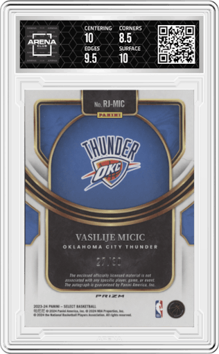 Vasilije Micic from the 2023-24 Panini Select  set featuring a Neon Orange Pulsar Prizms FOTL parallel graded by Arena Club and given an overall grade of 9.