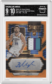 Vasilije Micic from the 2023-24 Panini Select  set featuring a Neon Orange Pulsar Prizms FOTL parallel graded by Arena Club and given an overall grade of 9.