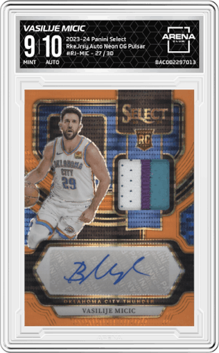 Vasilije Micic from the 2023-24 Panini Select  set featuring a Neon Orange Pulsar Prizms FOTL parallel graded by Arena Club and given an overall grade of 9.