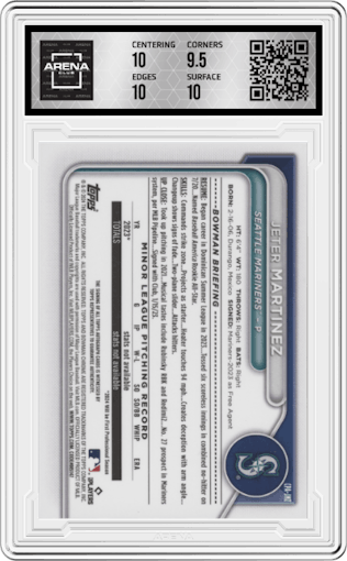 Jeter Martinez from the 2024 Bowman Chrome set featuring a Gold Shimmer Refractor parallel graded by Arena Club and given an overall grade of 10.