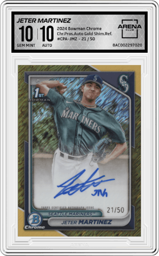Jeter Martinez from the 2024 Bowman Chrome set featuring a Gold Shimmer Refractor parallel graded by Arena Club and given an overall grade of 10.