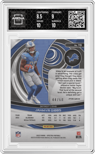 Jahmyr Gibbs from the 2023 Panini Spectra set featuring a Interstellar parallel graded by Arena Club and given an overall grade of 9.