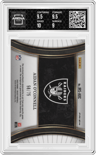 Aidan O'Connell from the 2023 Panini Select set featuring a White Prizm parallel graded by Arena Club and given an overall grade of 9.5.