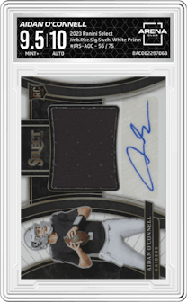 Aidan O'Connell from the 2023 Panini Select set featuring a White Prizm parallel graded by Arena Club and given an overall grade of 9.5.