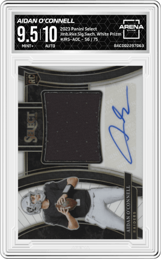 Aidan O'Connell from the 2023 Panini Select set featuring a White Prizm parallel graded by Arena Club and given an overall grade of 9.5.