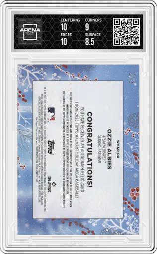 Ozzie Albies from the 2023 Topps Holiday set featuring a Silver Metallic parallel graded by Arena Club and given an overall grade of 9.