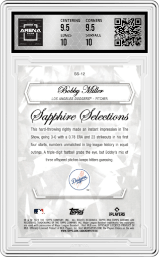 Bobby Miller from the 2023 Topps Chrome Update Series Sapphire Edition set featuring a Orange parallel graded by Arena Club and given an overall grade of 10.