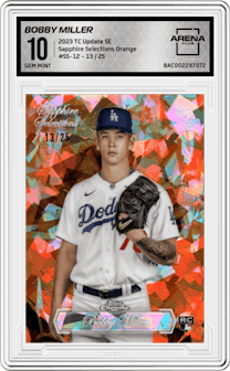 Bobby Miller from the 2023 Topps Chrome Update Series Sapphire Edition set featuring a Orange parallel graded by Arena Club and given an overall grade of 10.