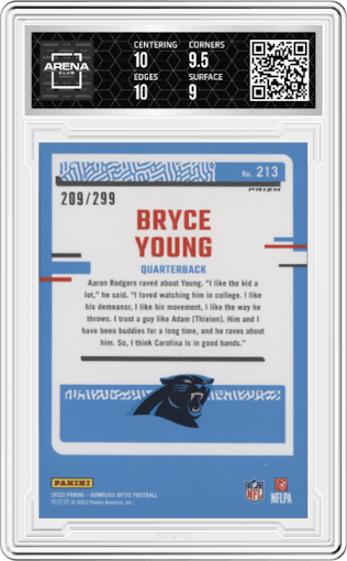 Bryce Young from the 2023 Donruss Optic set featuring a Aqua parallel graded by Arena Club and given an overall grade of 9.5.
