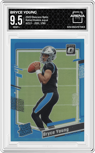 Bryce Young from the 2023 Donruss Optic set featuring a Aqua parallel graded by Arena Club and given an overall grade of 9.5.