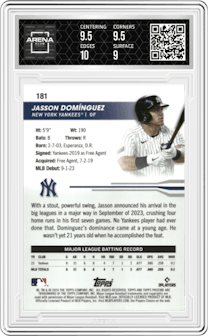 Jasson Dominguez from the 2024 Topps Pristine set featuring a Gold Refractor parallel graded by Arena Club and given an overall grade of 9.5.