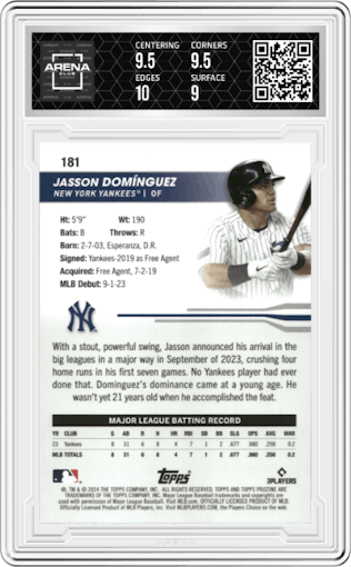Jasson Dominguez from the 2024 Topps Pristine set featuring a Gold Refractor parallel graded by Arena Club and given an overall grade of 9.5.