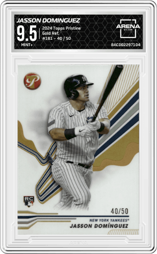 Jasson Dominguez from the 2024 Topps Pristine set featuring a Gold Refractor parallel graded by Arena Club and given an overall grade of 9.5.