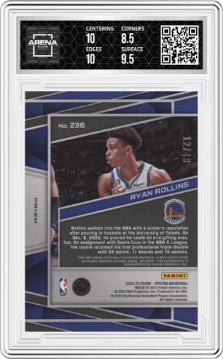 Ryan Rollins from the 2022-23 Panini Spectra set featuring a Interstellar parallel graded by Arena Club and given an overall grade of 9.