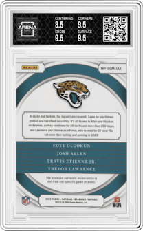 Foye Oluokun /Josh Allen /Travis Etienne Jr. /Trevor Lawrence from the 2023 Panini National Treasures set graded by Arena Club and given an overall grade of 9.