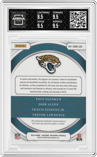 Foye Oluokun /Josh Allen /Travis Etienne Jr. /Trevor Lawrence from the 2023 Panini National Treasures set graded by Arena Club and given an overall grade of 9.