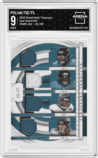 Foye Oluokun /Josh Allen /Travis Etienne Jr. /Trevor Lawrence from the 2023 Panini National Treasures set graded by Arena Club and given an overall grade of 9.