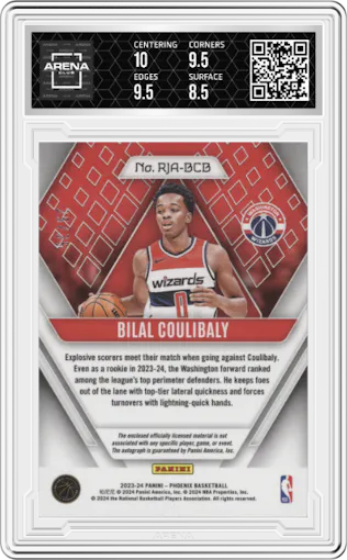 Bilal Coulibaly from the 2023-24 Panini Phoenix set featuring a Yellow parallel graded by Arena Club and given an overall grade of 9.