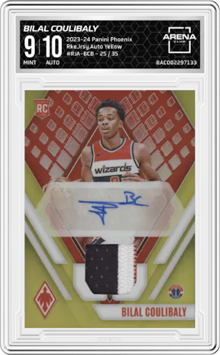 Bilal Coulibaly from the 2023-24 Panini Phoenix set featuring a Yellow parallel graded by Arena Club and given an overall grade of 9.