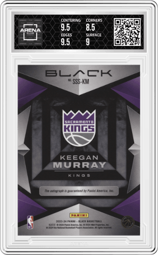 Keegan Murray from the 2023-24 Panini Black set featuring a Silver parallel graded by Arena Club and given an overall grade of 9.