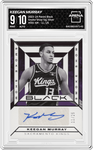 Keegan Murray from the 2023-24 Panini Black set featuring a Silver parallel graded by Arena Club and given an overall grade of 9.