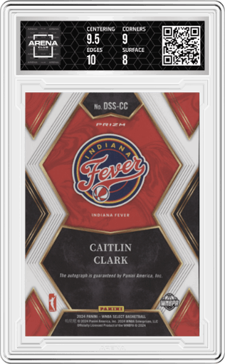 Caitlin Clark from the 2024 Panini Select WNBA set graded by Arena Club and given an overall grade of 8.5.