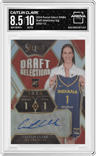 Caitlin Clark from the 2024 Panini Select WNBA set graded by Arena Club and given an overall grade of 8.5.