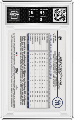 Jasson Dominguez from the 2024 Topps Chrome set featuring a Orange Refractor parallel graded by Arena Club and given an overall grade of 8.5.