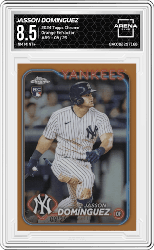 Jasson Dominguez from the 2024 Topps Chrome set featuring a Orange Refractor parallel graded by Arena Club and given an overall grade of 8.5.