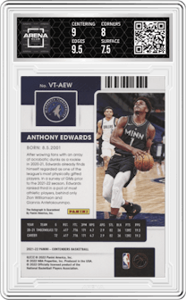 Anthony Edwards from the 2021-22 Panini Contenders  set featuring a Playoff Ticket  parallel graded by Arena Club and given an overall grade of 8.