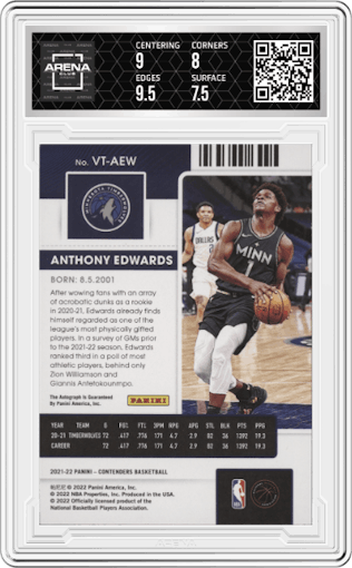 Anthony Edwards from the 2021-22 Panini Contenders  set featuring a Playoff Ticket  parallel graded by Arena Club and given an overall grade of 8.