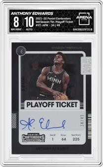 Anthony Edwards from the 2021-22 Panini Contenders  set featuring a Playoff Ticket  parallel graded by Arena Club and given an overall grade of 8.