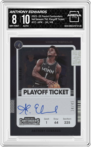 Anthony Edwards from the 2021-22 Panini Contenders  set featuring a Playoff Ticket  parallel graded by Arena Club and given an overall grade of 8.
