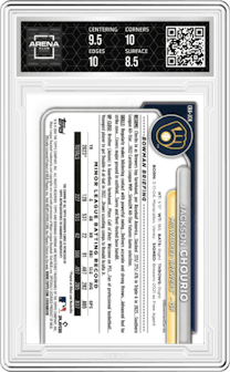 Jackson Chourio from the 2024 Bowman Chrome set featuring a Gold Refractor parallel and given an overall grade of 9.