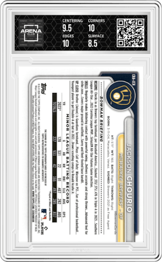 Jackson Chourio from the 2024 Bowman Chrome set featuring a Gold Refractor parallel graded by Arena Club and given an overall grade of 9.