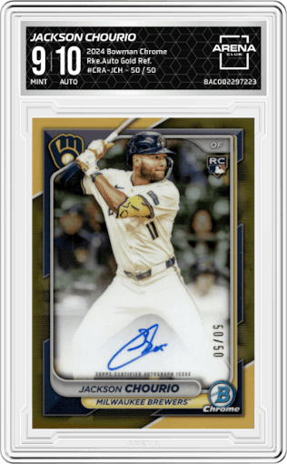 Jackson Chourio from the 2024 Bowman Chrome set featuring a Gold Refractor parallel graded by Arena Club and given an overall grade of 9.