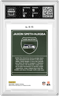 Jaxon Smith-Njigba from the 2023 Panini Donruss set graded by Arena Club and given an overall grade of 9.5.