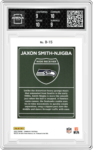 Jaxon Smith-Njigba from the 2023 Panini Donruss set graded by Arena Club and given an overall grade of 9.5.