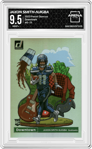 Jaxon Smith-Njigba from the 2023 Panini Donruss set graded by Arena Club and given an overall grade of 9.5.