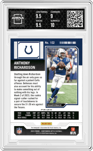 Anthony Richardson from the 2023 Panini Contenders Optic set featuring a Silver parallel graded by Arena Club and given an overall grade of 9.5.