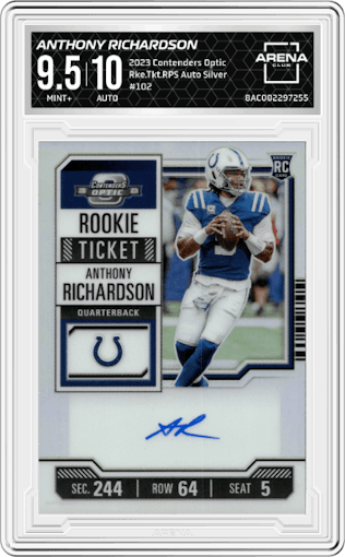 Anthony Richardson from the 2023 Panini Contenders Optic set featuring a Silver parallel graded by Arena Club and given an overall grade of 9.5.