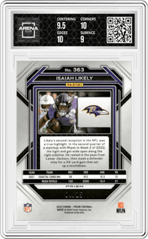 Isaiah Likely from the 2022 Panini Prizm set featuring a No Huddle Pink parallel graded by Arena Club and given an overall grade of 9.5.