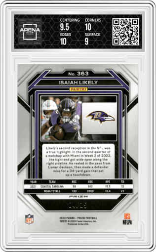 Isaiah Likely from the 2022 Panini Prizm set featuring a No Huddle Pink parallel graded by Arena Club and given an overall grade of 9.5.