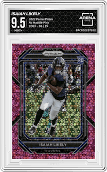Isaiah Likely from the 2022 Panini Prizm set featuring a No Huddle Pink parallel graded by Arena Club and given an overall grade of 9.5.