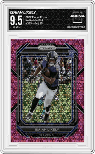 Isaiah Likely from the 2022 Panini Prizm set featuring a No Huddle Pink parallel graded by Arena Club and given an overall grade of 9.5.